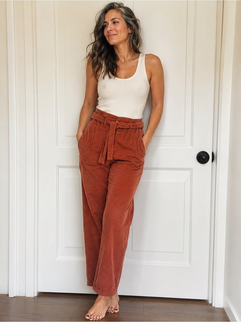 Sundance Emily Softest Corduroy Pants 6P Tie Waist Crop Straight Leg Terracotta